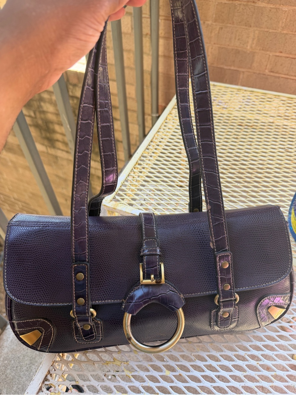 Purple Leather Shoulder Bag with Gold Ring Accent